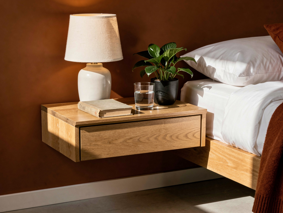 Realistic editorial detail photo of a wall-mounted oak nightstand aligned just b
