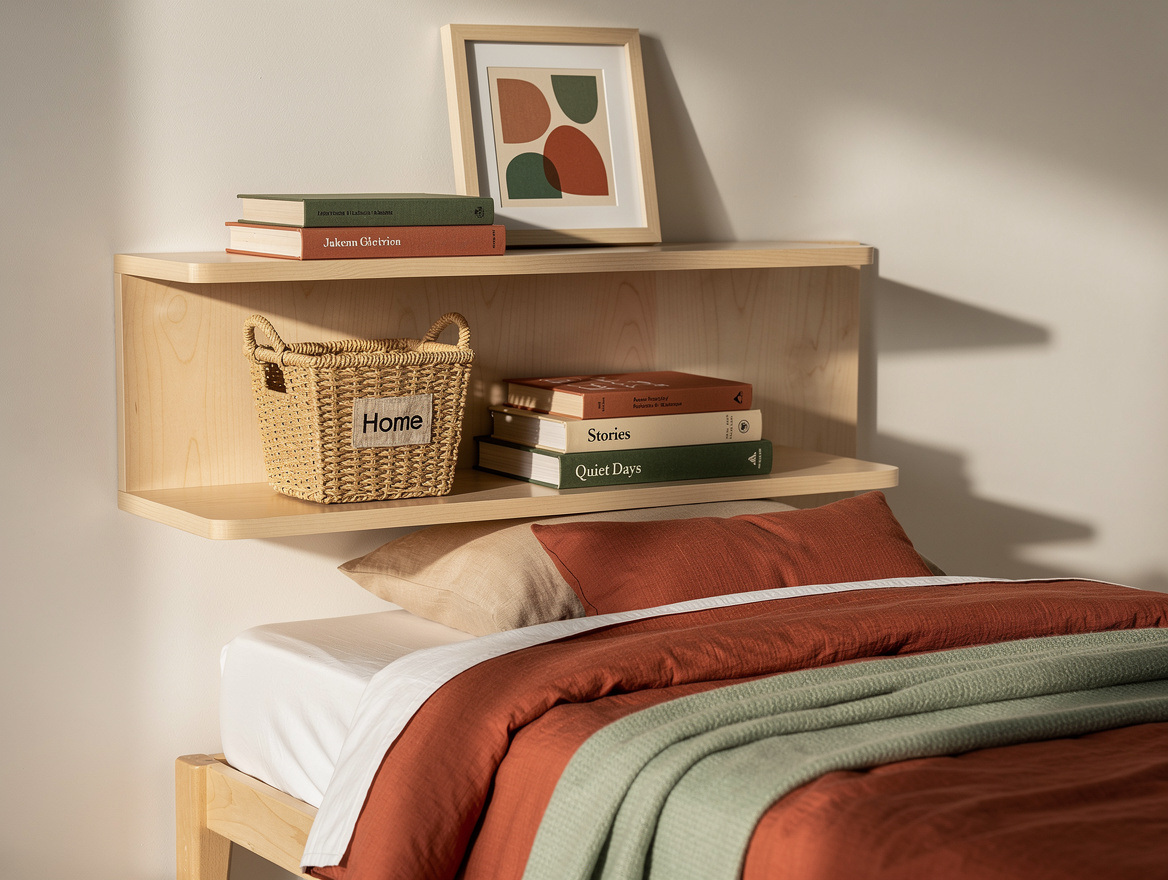 Realistic editorial home-decor detail photo of matching birch floating shelves a