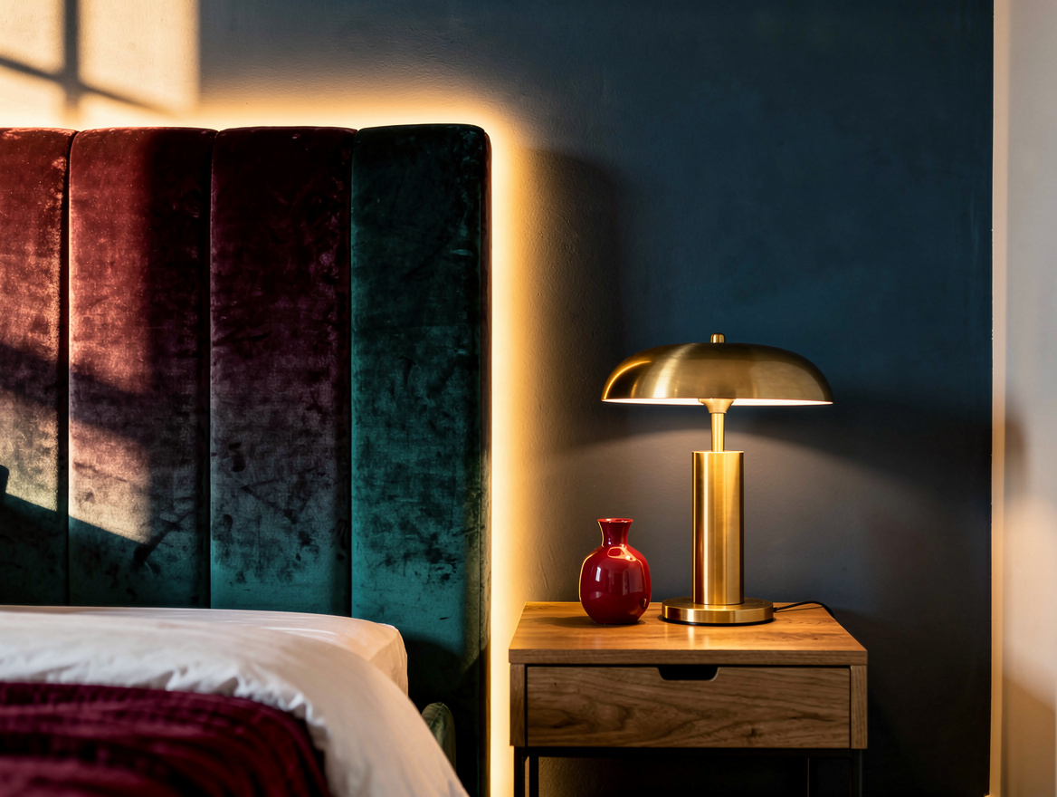 Realistic editorial detail photo of a concealed warm LED halo behind an upholste