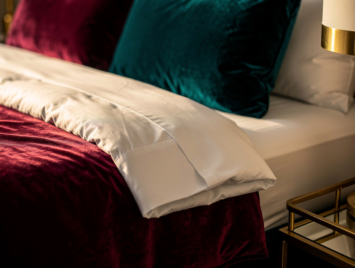 Close-up detail photo of a crisp white percale sheet cuff folded beneath a full