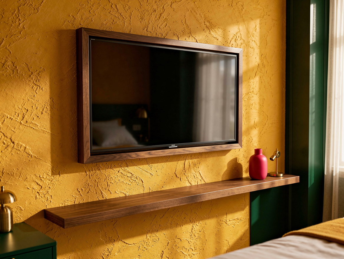 Realistic editorial home-decor close-up of a flush picture-frame television in a