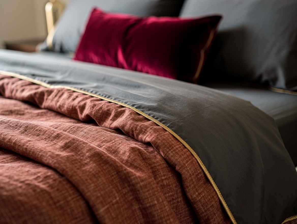 close-up detail photo of layered bedding textures, a brown-red washed cotton duv