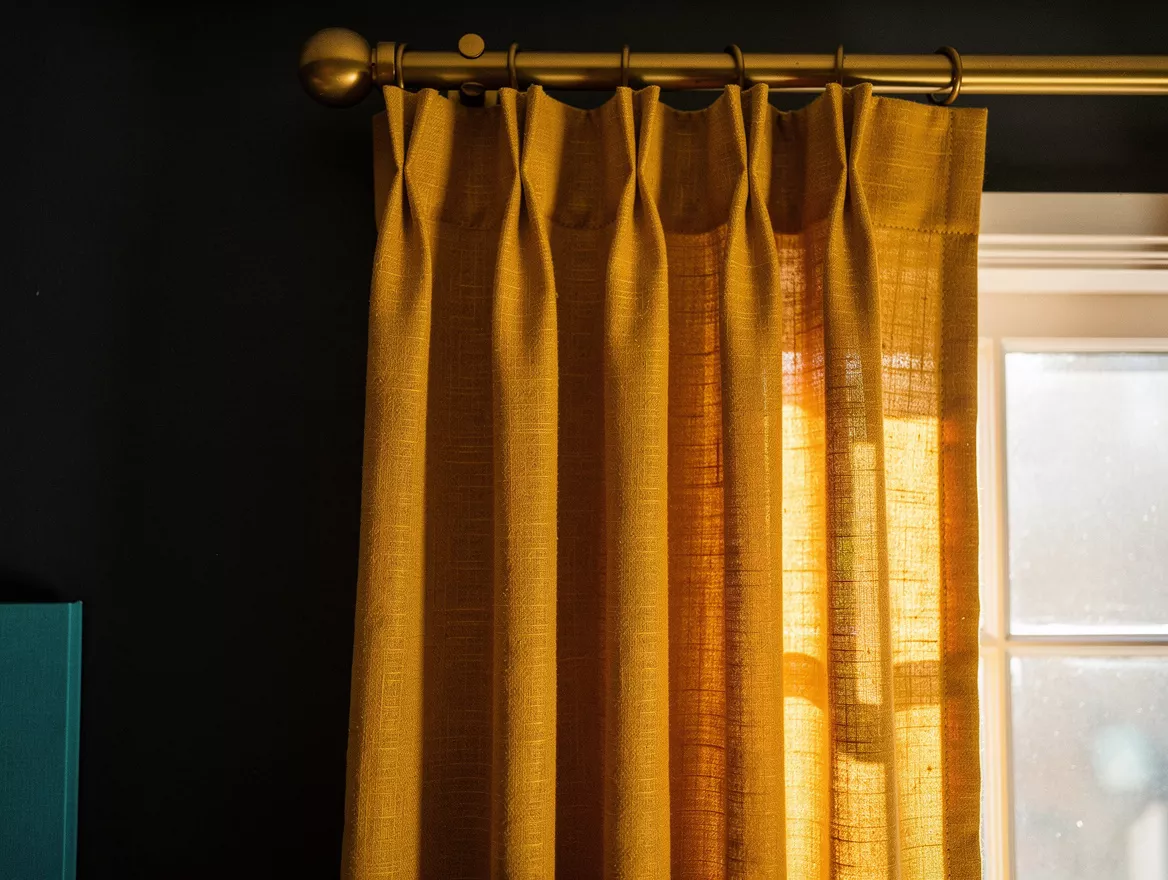 Close-up detail of linen curtain panels stacked neatly to the side of a small wi