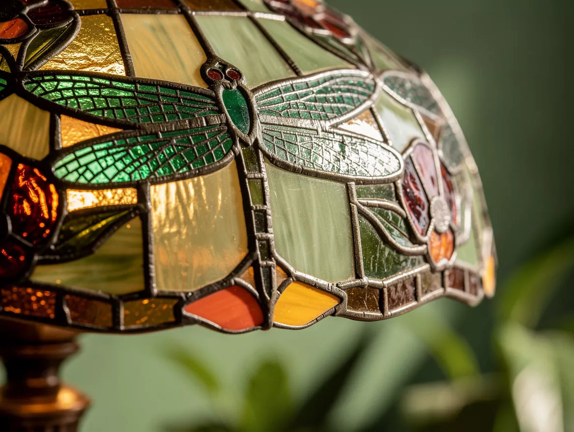 close-up detail of a Tiffany style stained glass lamp shade with dragonfly and p