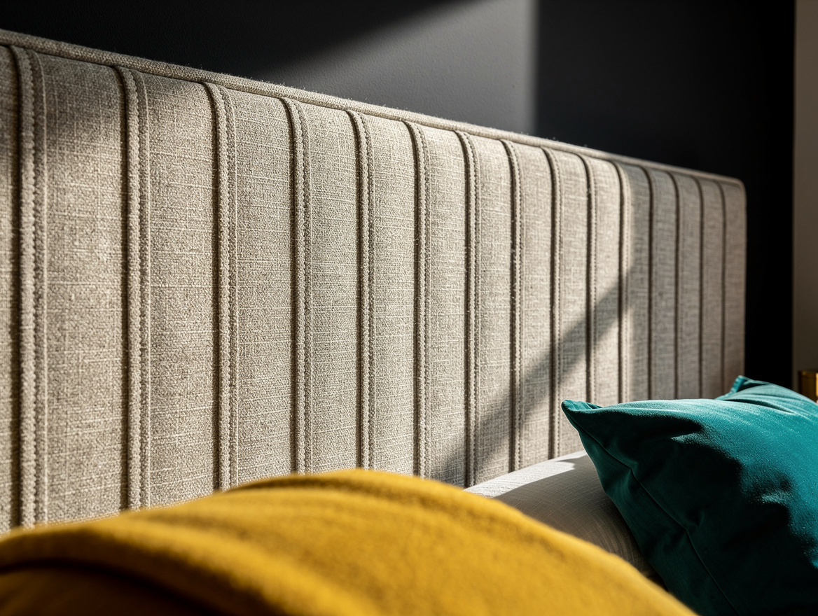 close-up detail photo of vertical channel tufting on a greige upholstered headbo