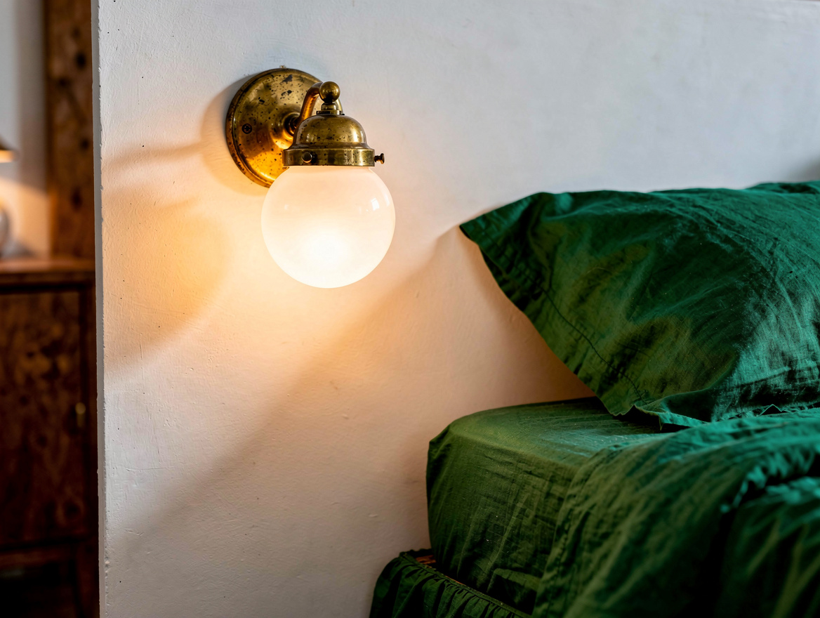 Realistic close-up editorial photo of an aged brass bedroom sconce with milky op
