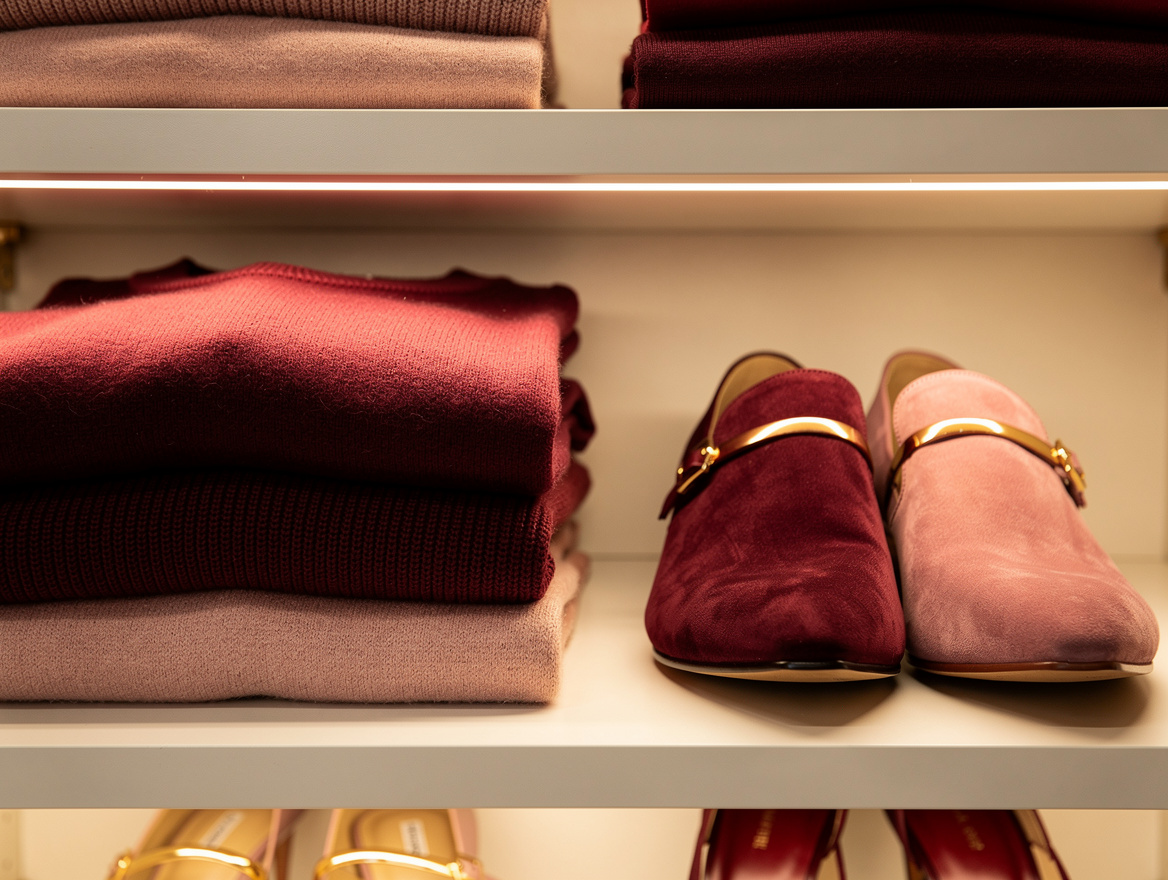 Realistic editorial close-up of folded sweaters and shoes on illuminated closet