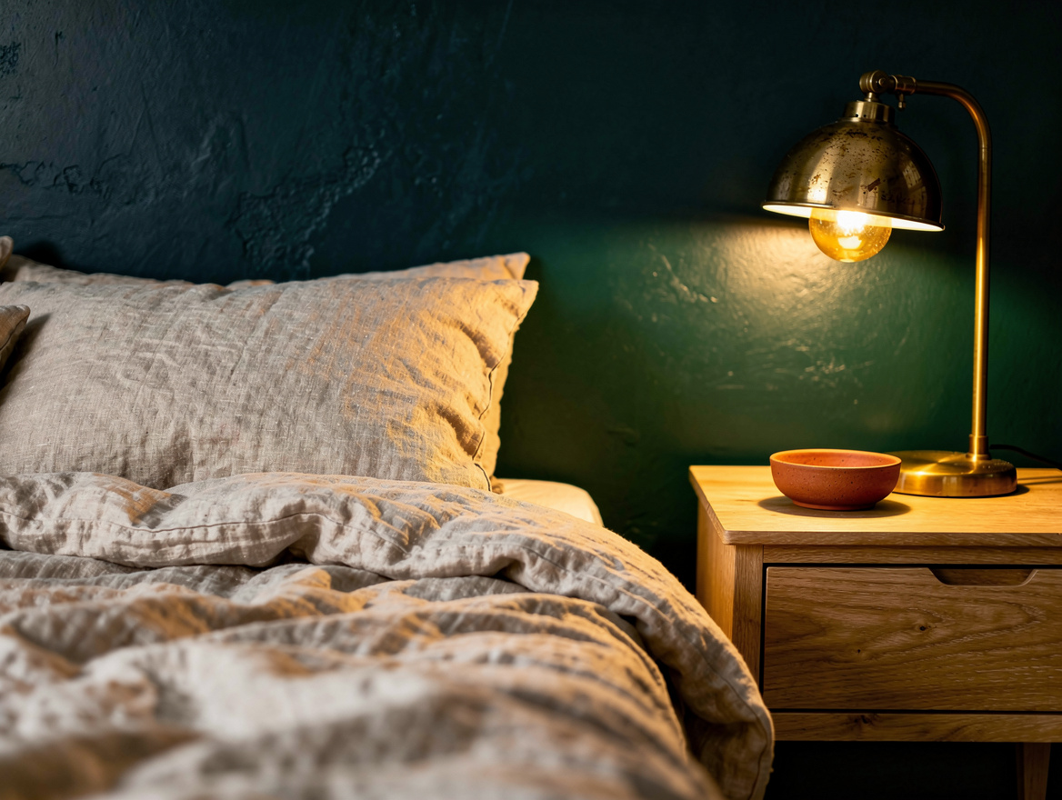 Realistic close-up editorial photo of oatmeal linen bedding, aged brass bedside