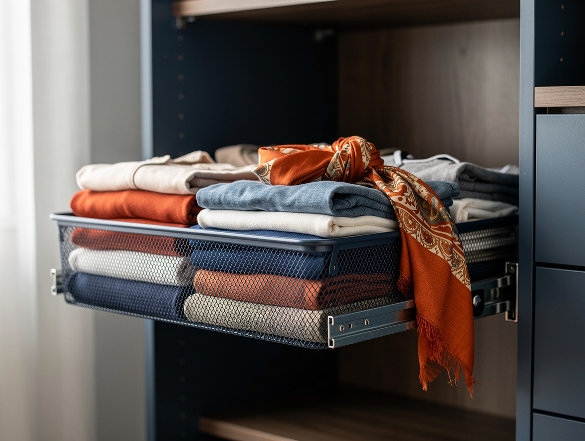 Realistic close-up editorial photo of an open mesh sliding closet basket holding
