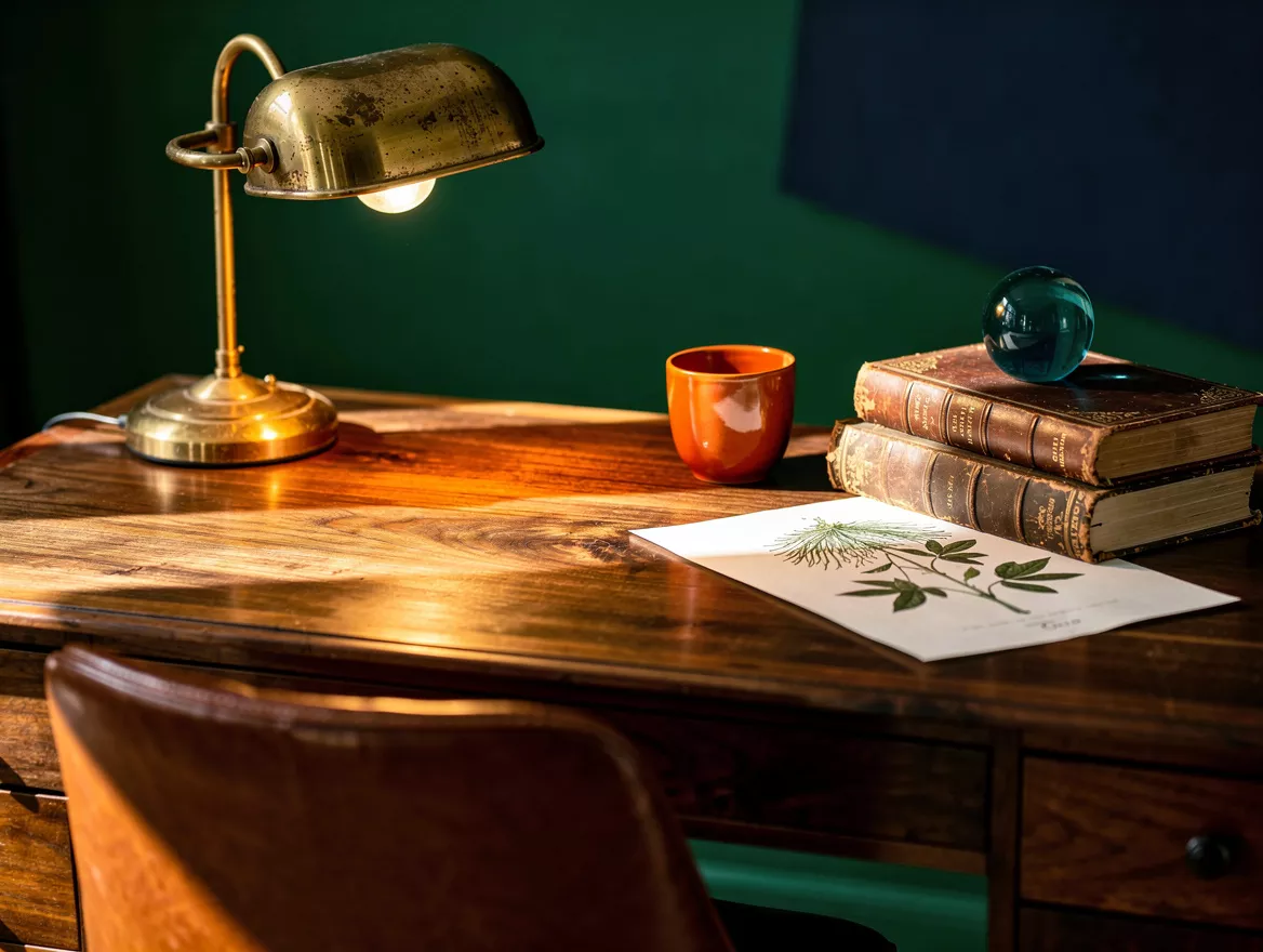 Realistic editorial close-up of a walnut writing desk with an aged brass banker’