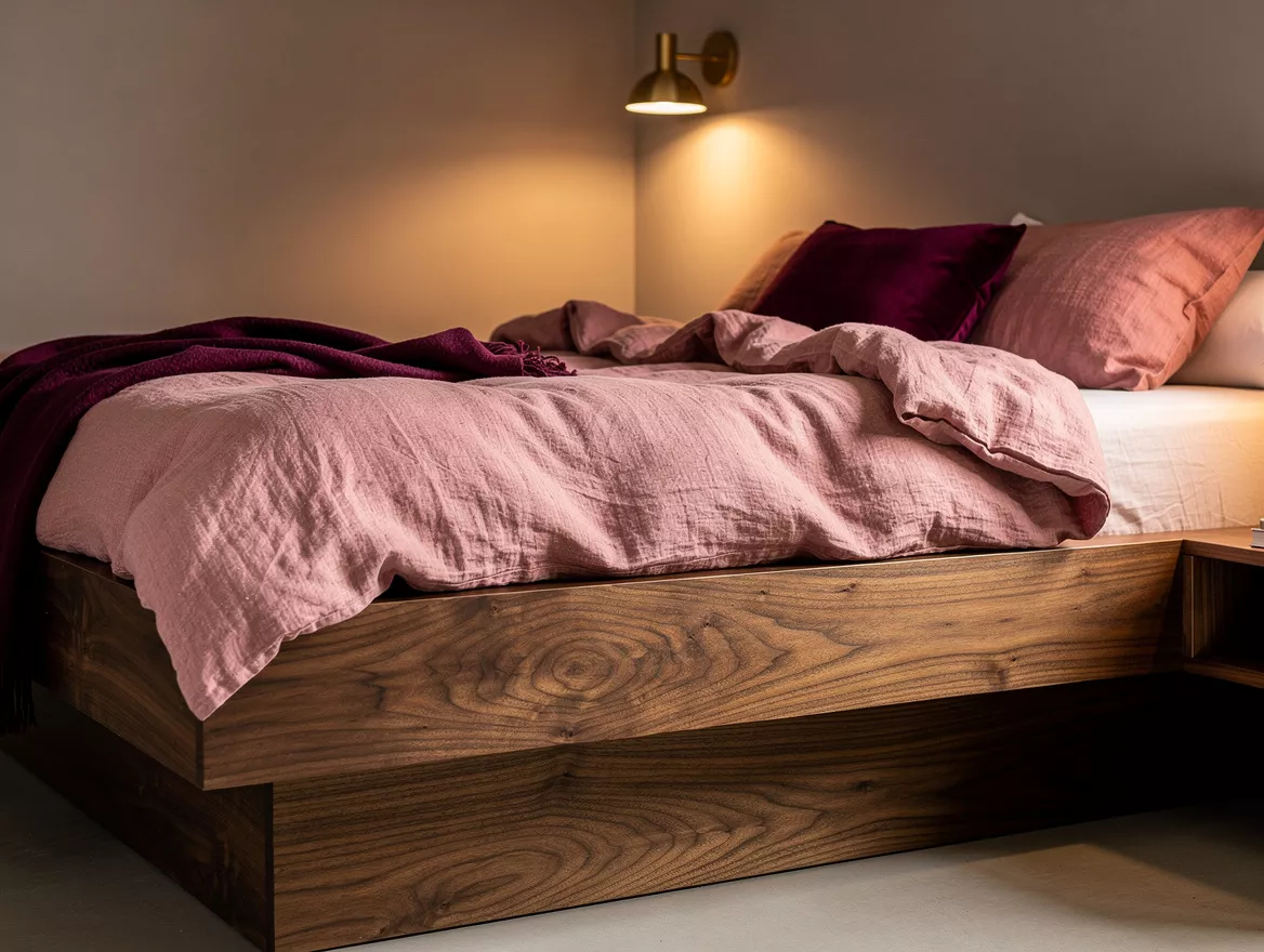 Realistic editorial detail photo of walnut wood grain, linen bedding, a recessed