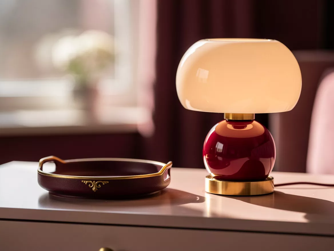 Realistic close-up photo of a compact opal glass dresser lamp beside one small c
