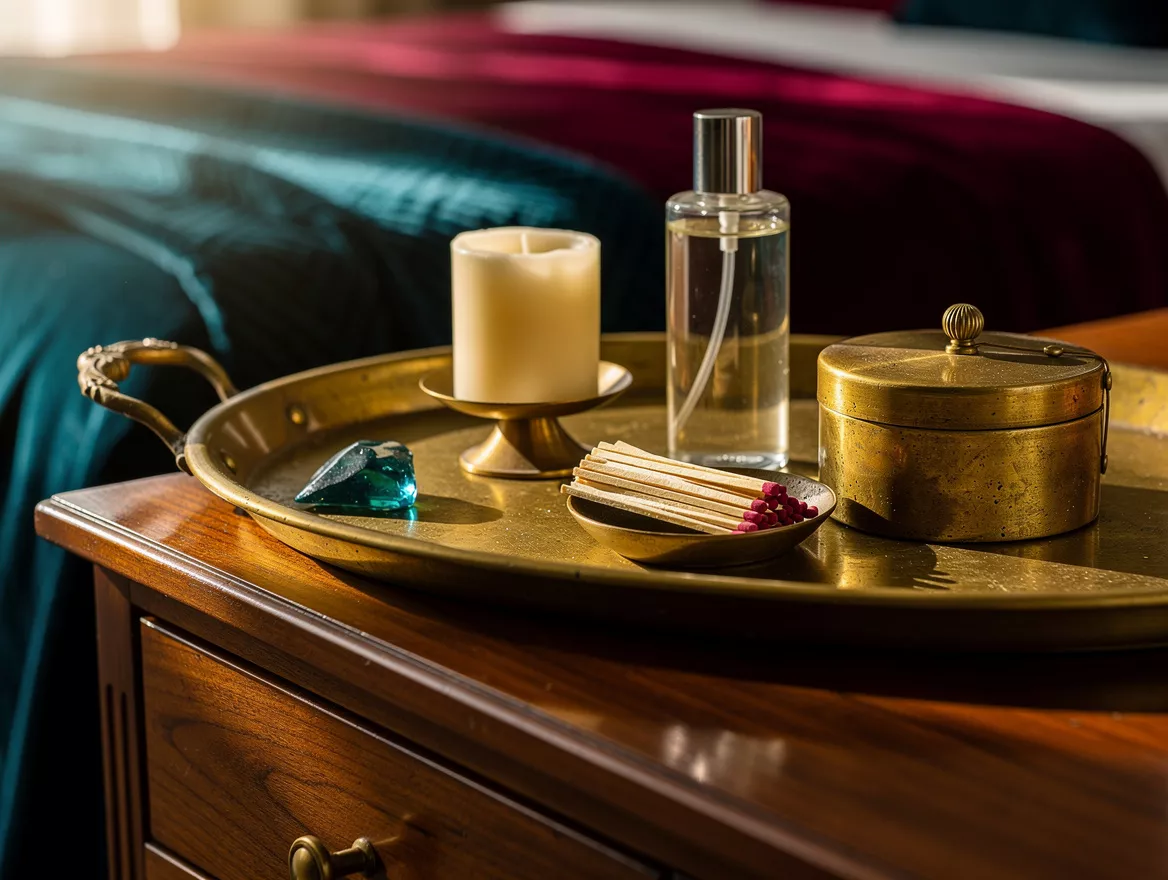 Close detail photo of an aged brass tray on a walnut bedroom dresser with candle