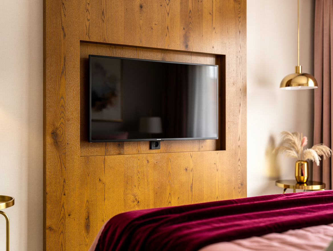 Realistic close-up editorial photo of a wall-mounted bedroom television with the