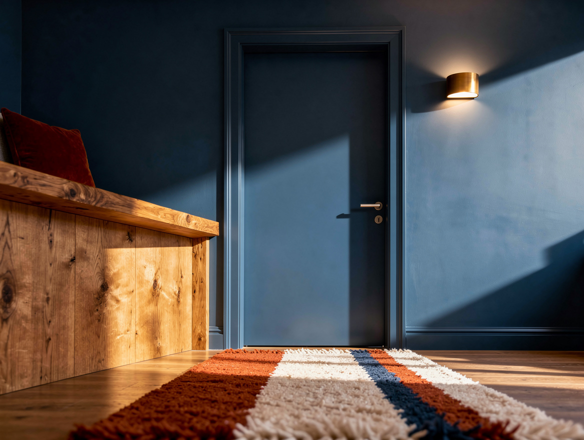 Realistic editorial detail photo of a sealed solid-core vestibule door, oak ledg