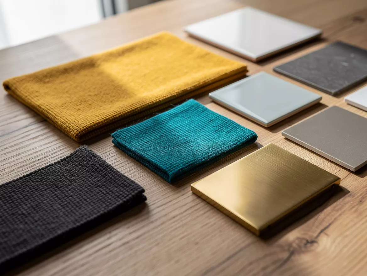 Realistic close-up editorial photo of bedroom fabric, oak wood, bathroom tile, a