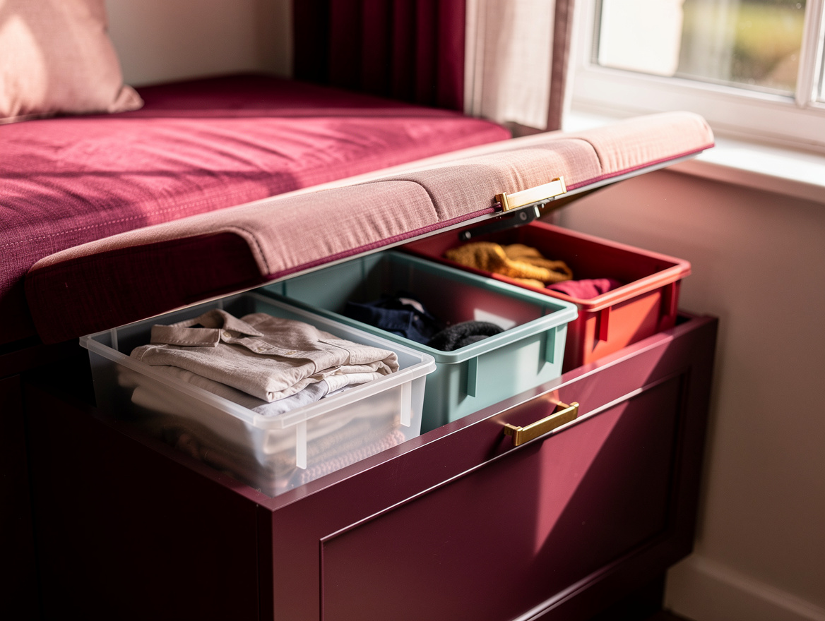 Realistic close-up editorial photo of a window seat lift-up lid opened to reveal