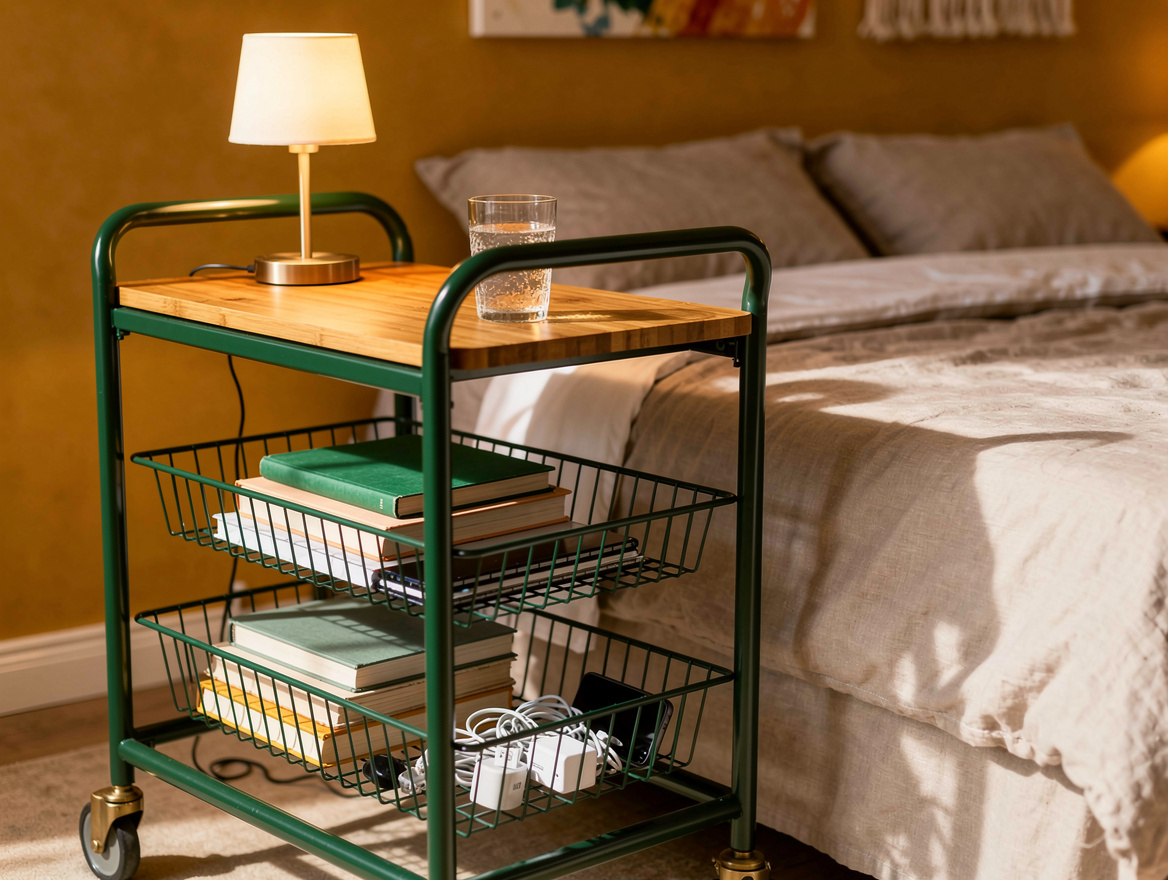 Realistic close-up editorial photo of an IKEA-style steel rolling cart beside a