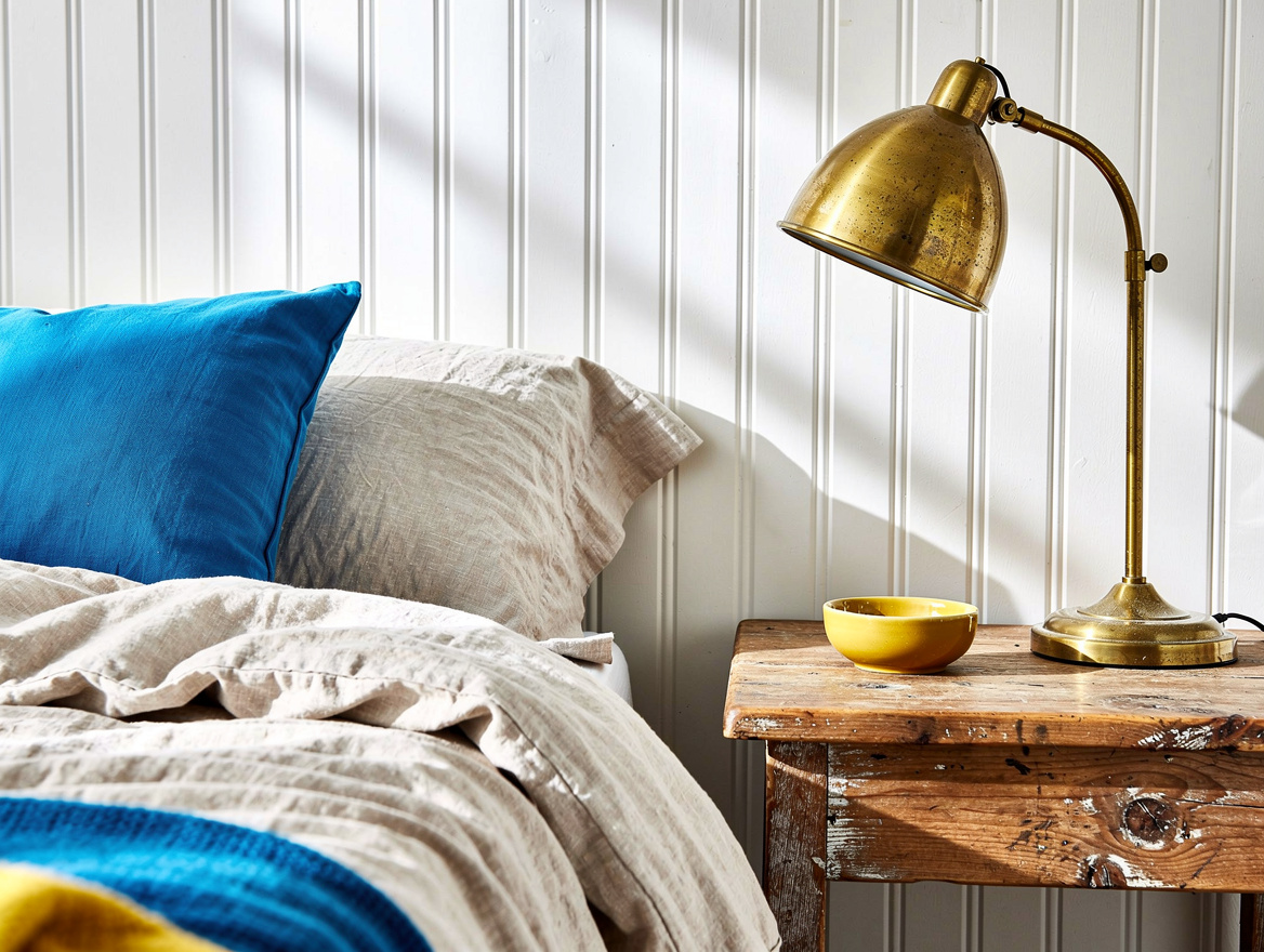 Close detail of painted beadboard, rumpled oatmeal linen bedding, an aged brass