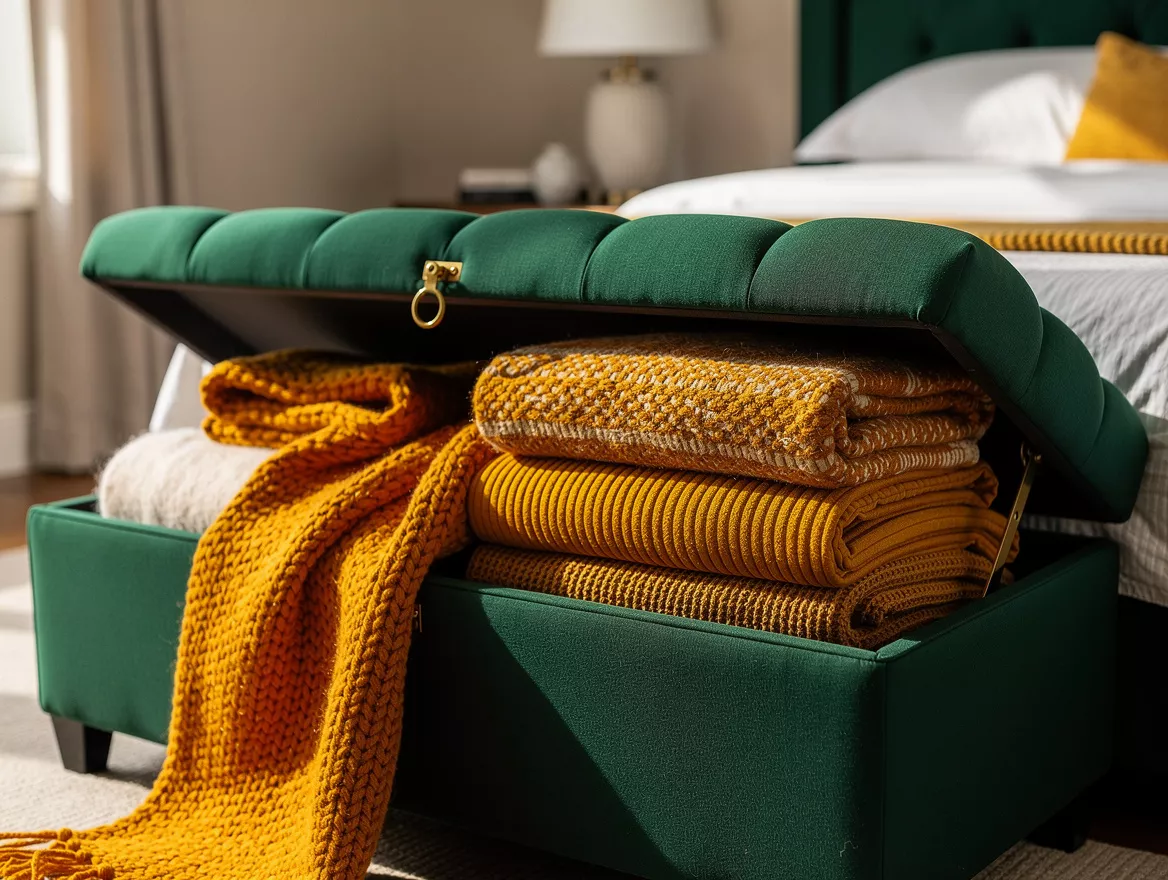Close-up editorial photo of folded textured blankets inside an open upholstered