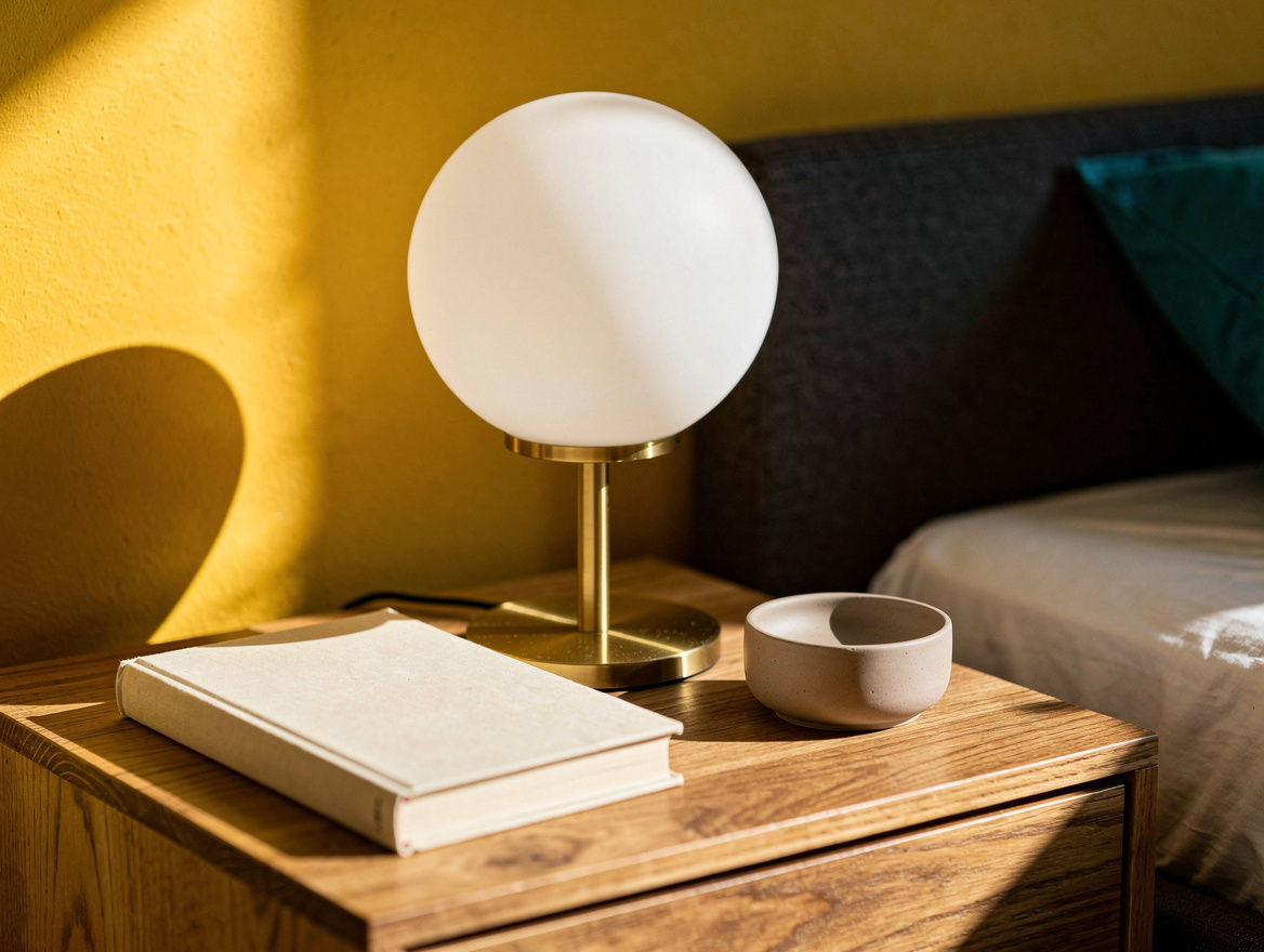 Realistic close-up editorial photo of a brass stem bedside lamp with a frosted o