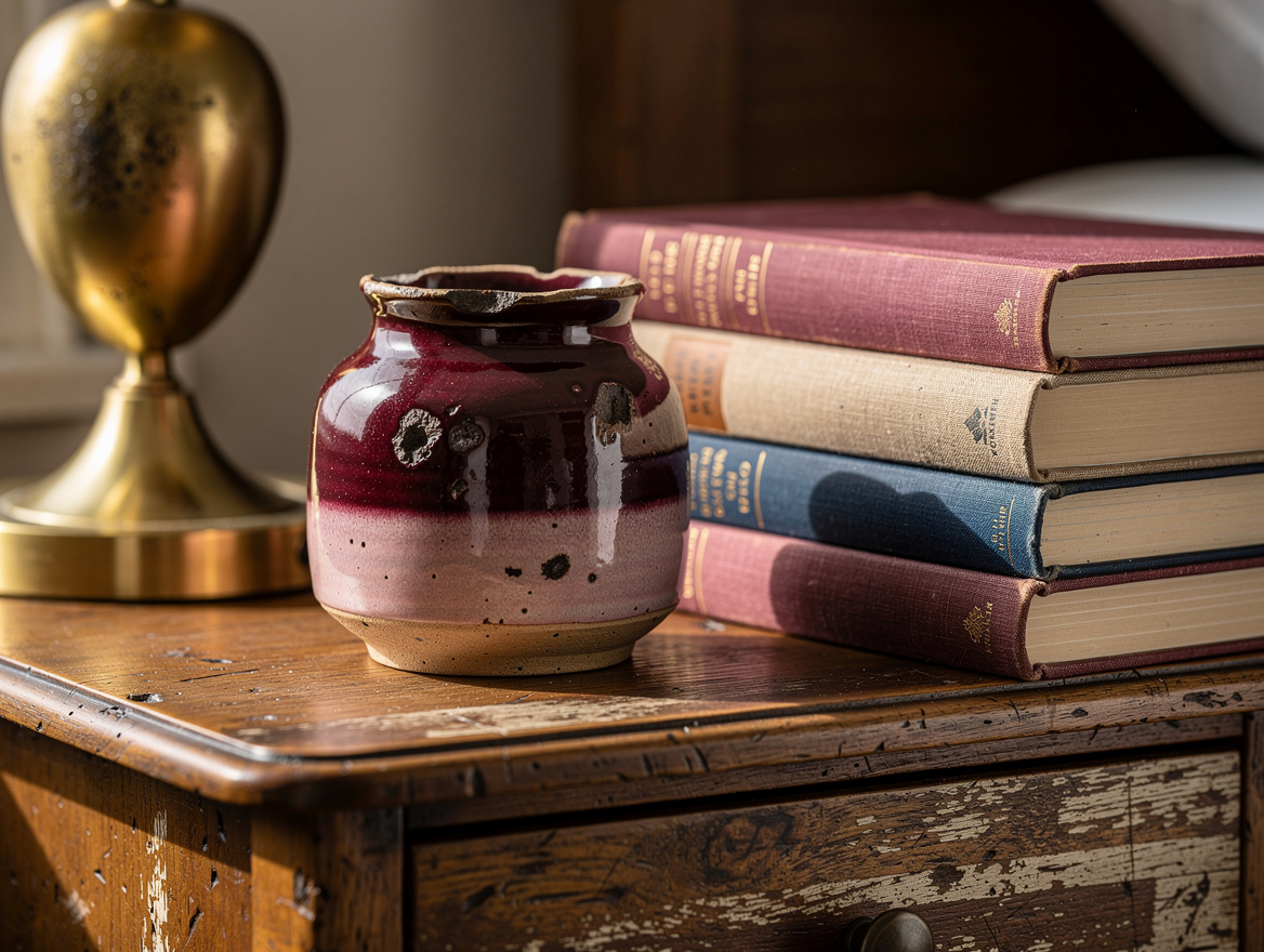 Close detail of an imperfect ceramic vessel, stacked books, and an aged brass la