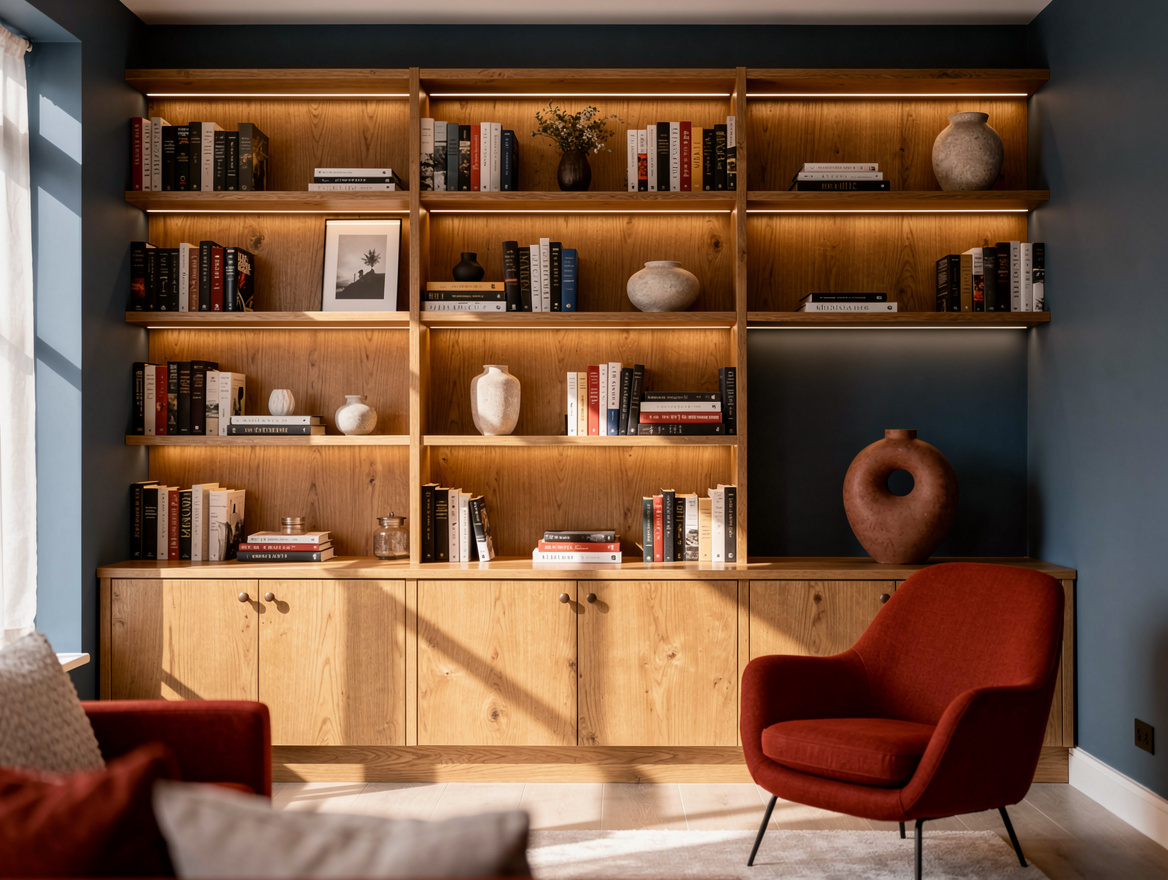 Realistic detail photo of adjustable home library shelves filled with real books