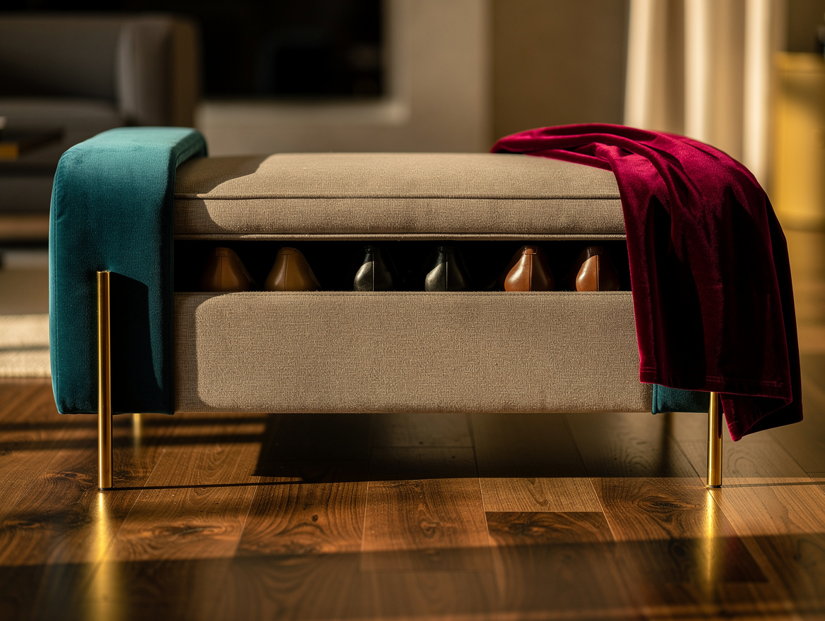 Close detail photo of a tailored taupe performance-fabric storage bench with its