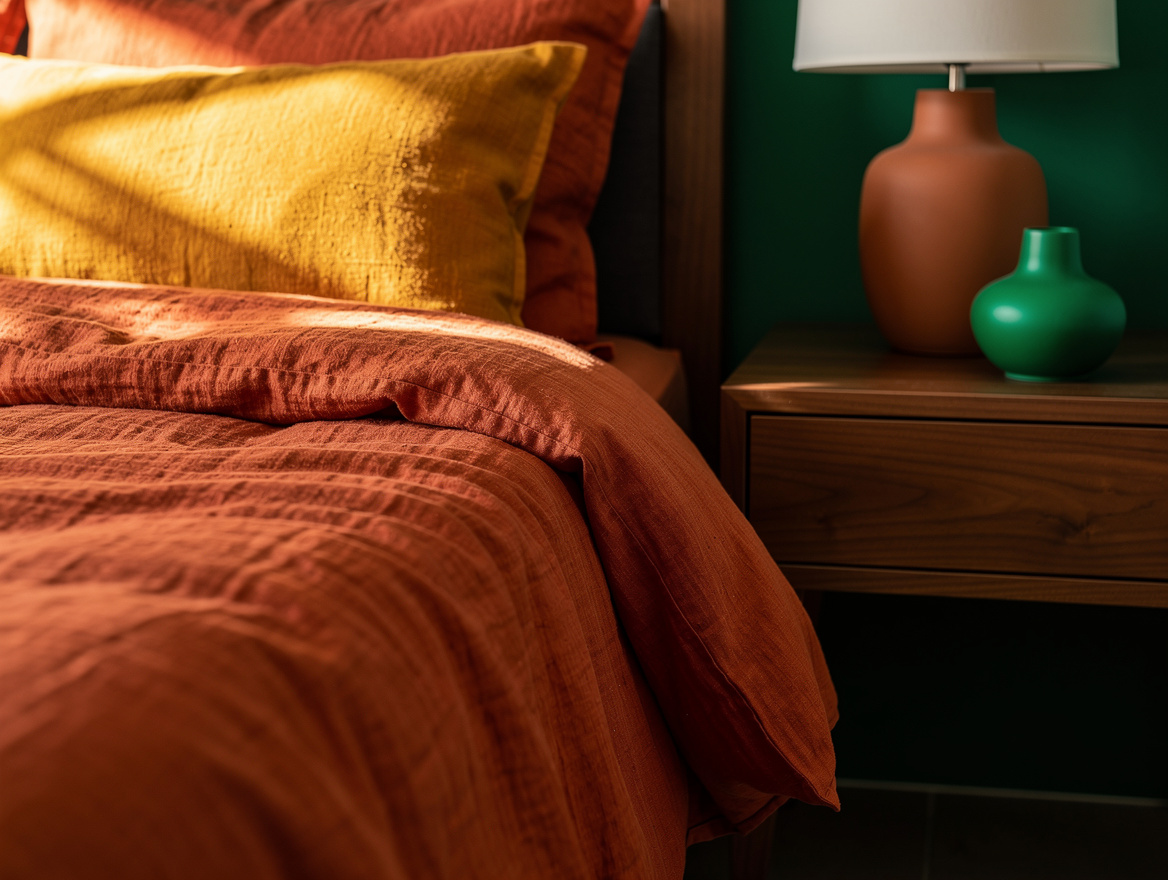 Realistic close-up editorial photo of desert bedroom details, terracotta linen d