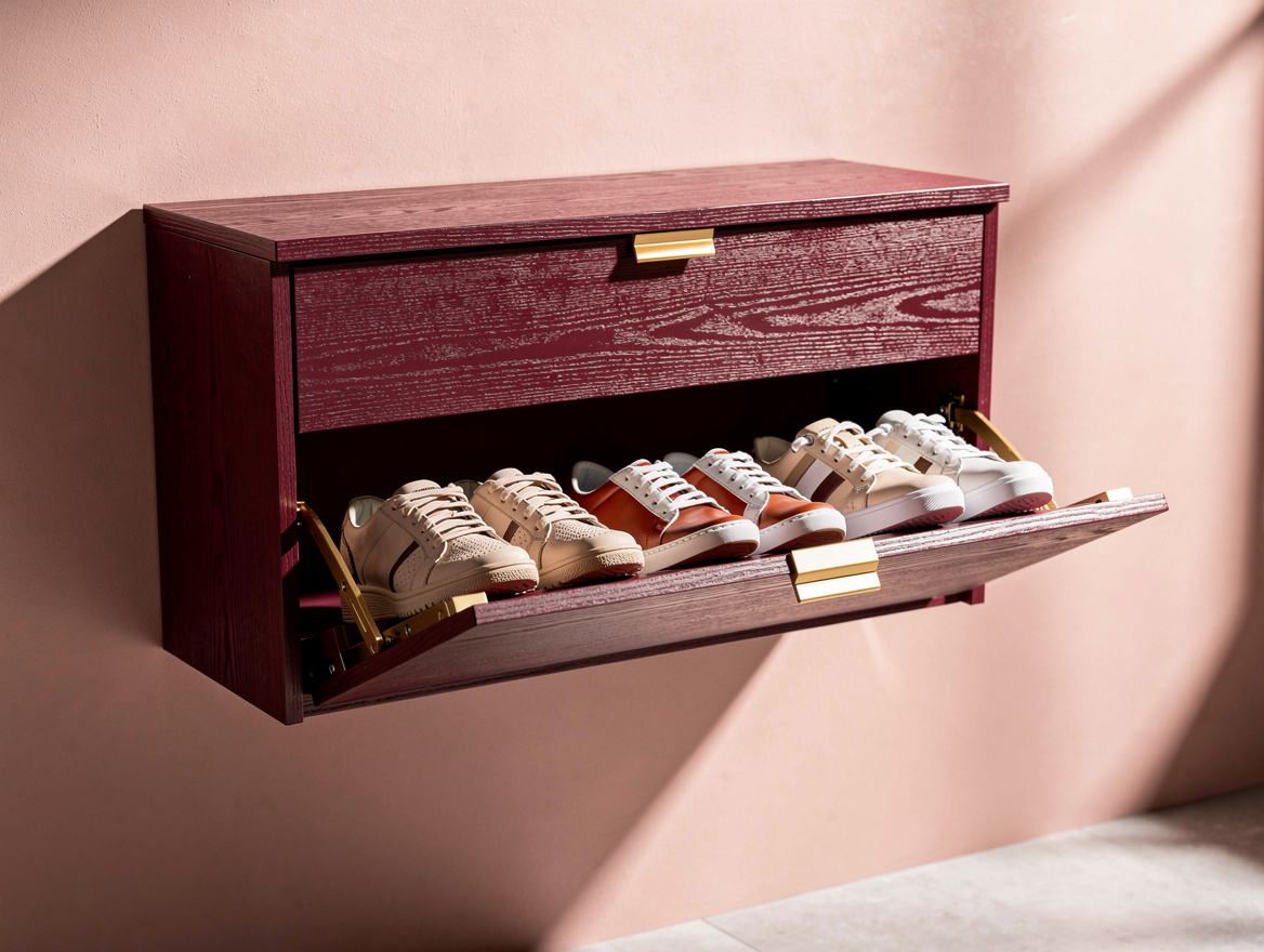 Realistic close-up editorial photo of a shallow wall-mounted shoe cabinet with a