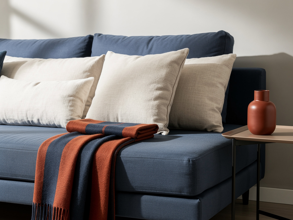 Realistic close-up editorial photo of a daybed styled with large linen back cush