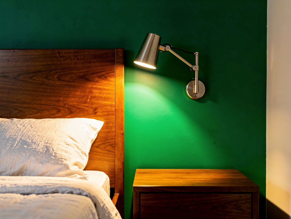 Realistic close-up editorial photo of a wall-mounted swing-arm reading light bes