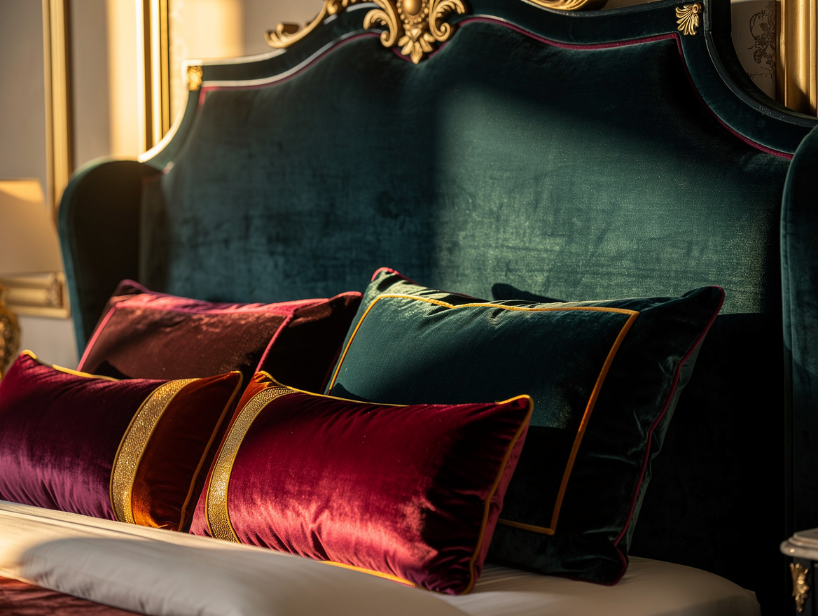 Realistic close detail of a luxury bedroom headboard showing upholstery texture,