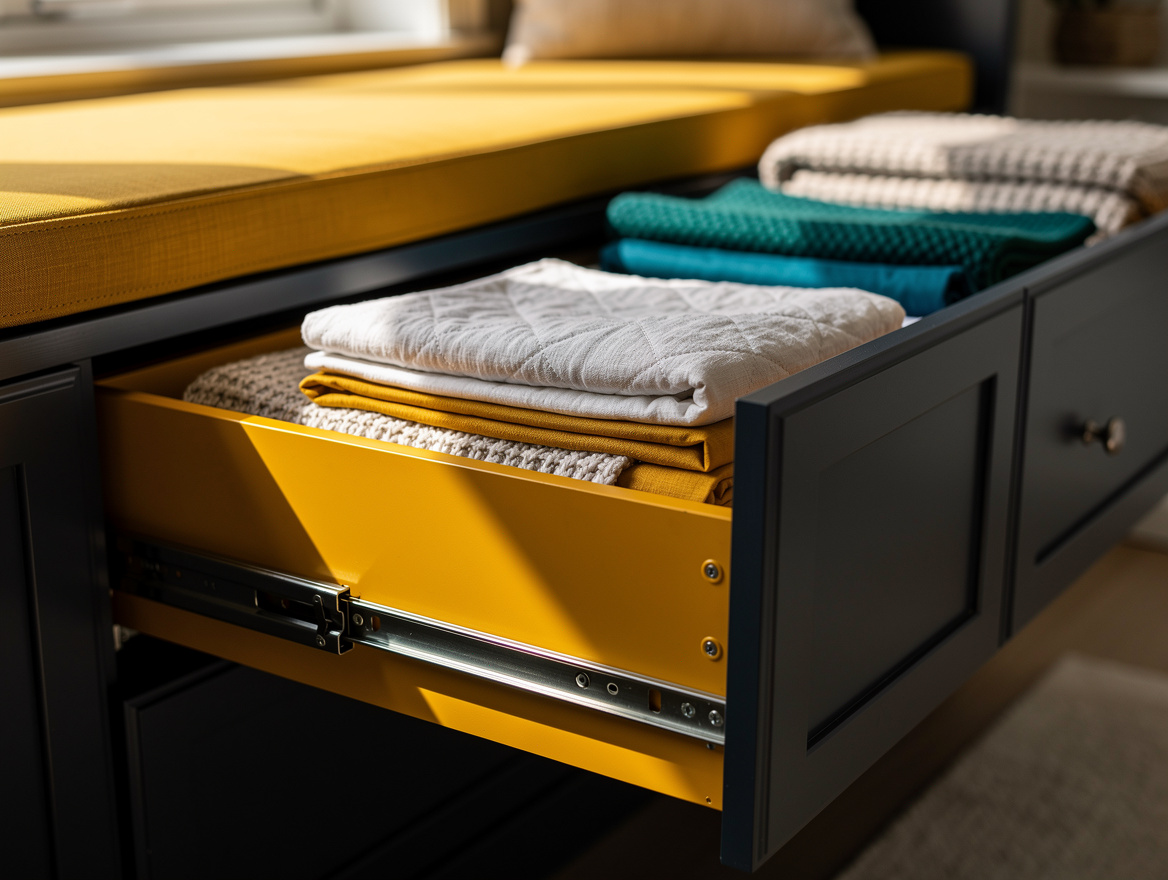 Realistic close-up editorial photo of full-extension drawers in a bedroom window