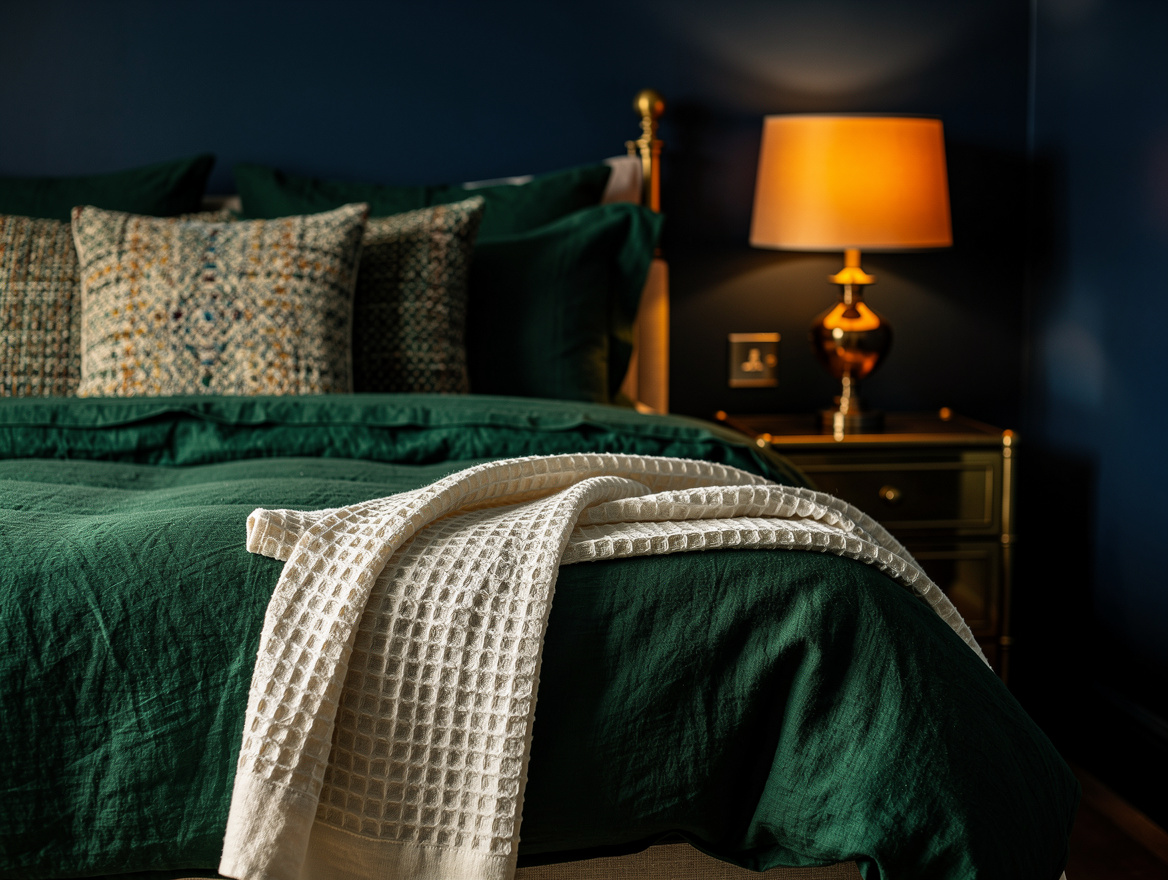 Realistic close-up editorial photo of dark green linen bedding layered with an i
