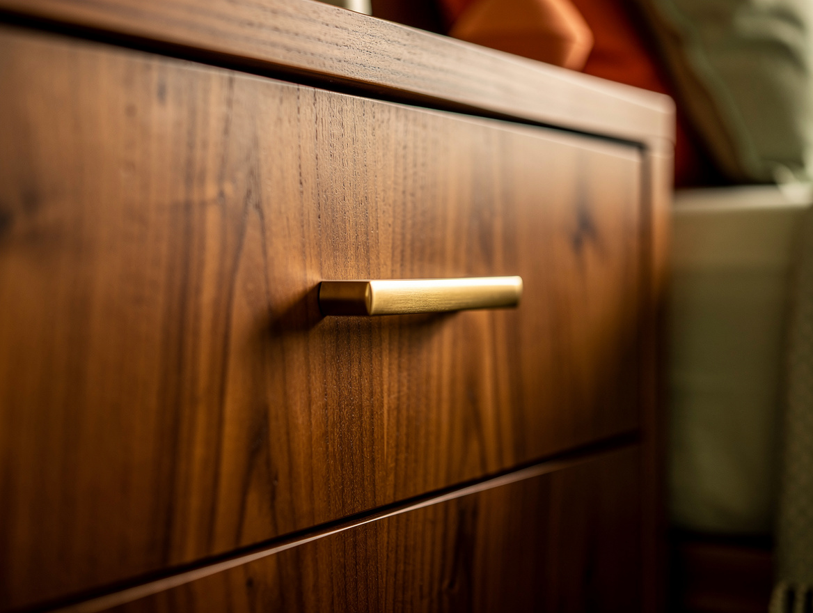 Realistic close-up editorial photo of walnut veneer and bronze dresser pulls, vi
