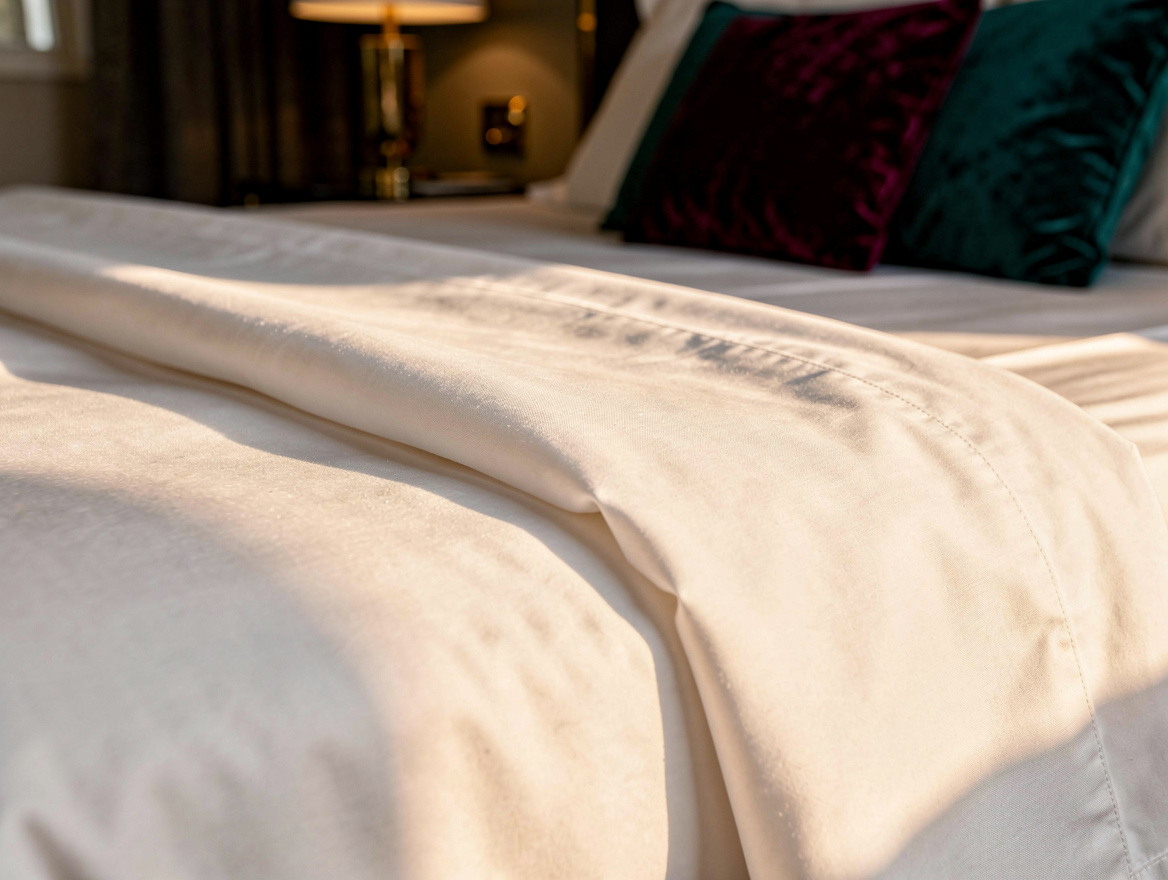 Close detail photo of crisp white percale top sheet folded over a white duvet in