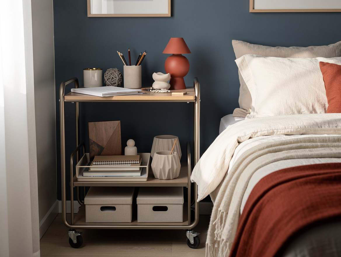 Realistic medium shot of a narrow bedroom desk with a rolling supply cart tucked