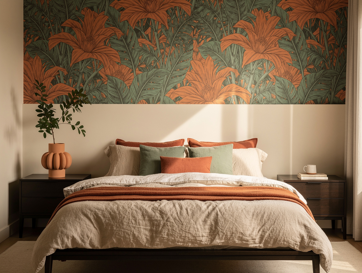 Medium-wide photograph of a bedroom with oversized botanical wallpaper covering