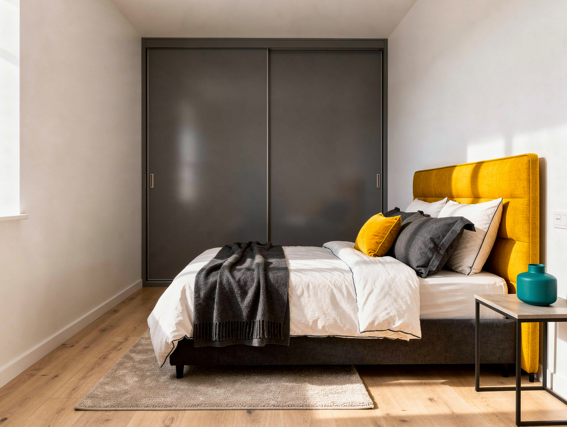 Realistic medium view of a narrow bedroom showing a bed placed lengthwise agains
