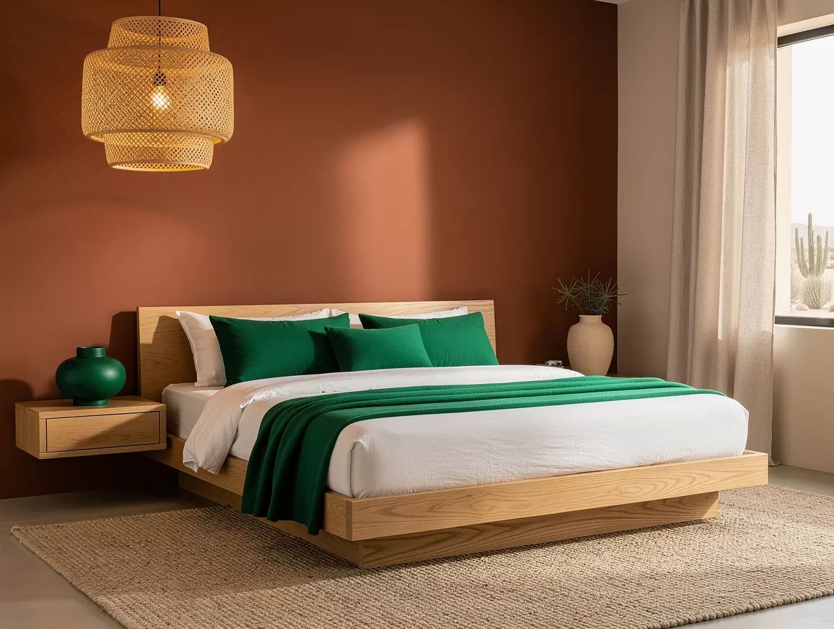 Realistic medium-shot home-decor photo of a desert modern bedroom with a low whi
