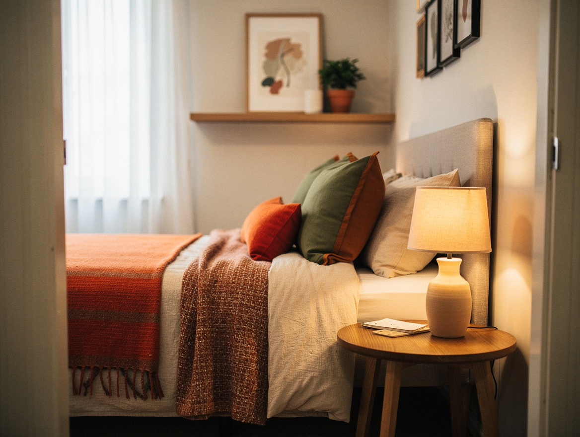 Realistic medium-shot editorial home-decor photo of a narrow guest room with a r