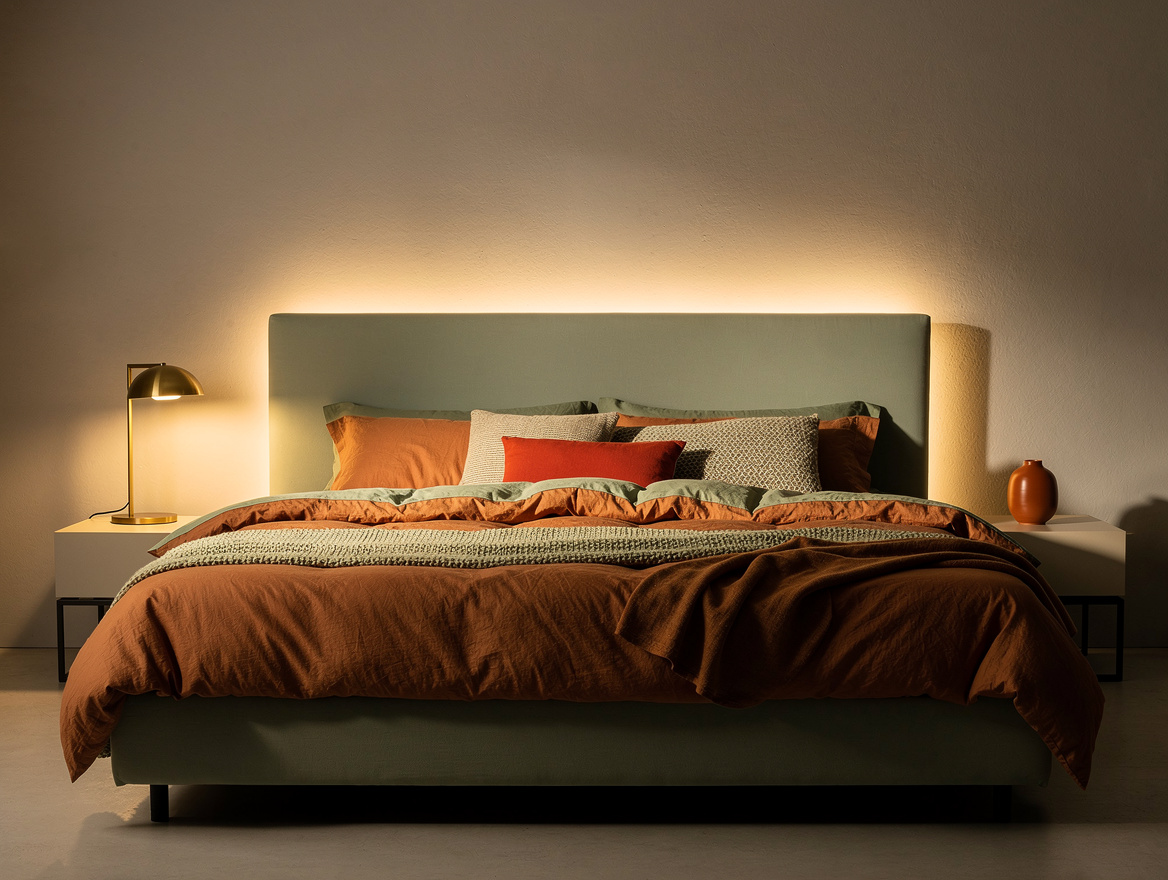 Realistic medium shot of a warm-minimal bedroom with hidden LED light glowing be