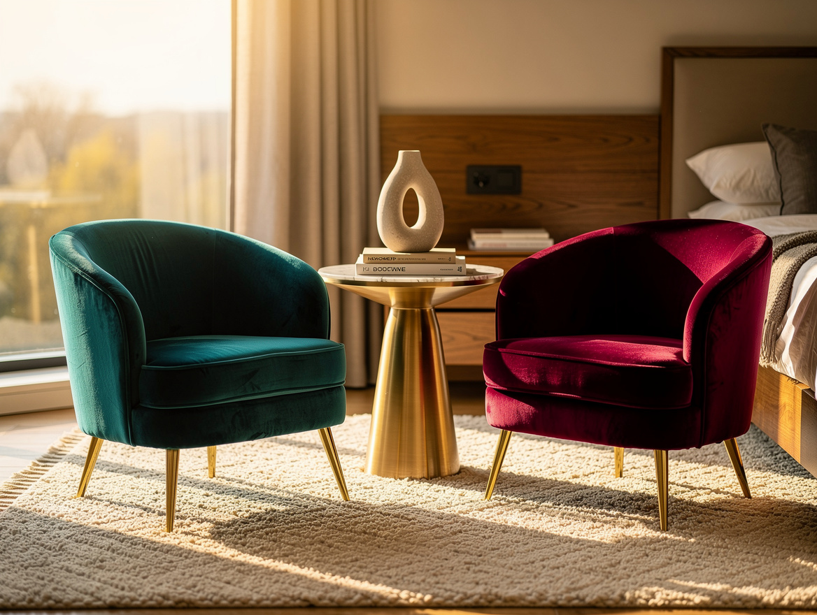 Realistic medium-shot home-decor photo of two compact chairs angled inward acros