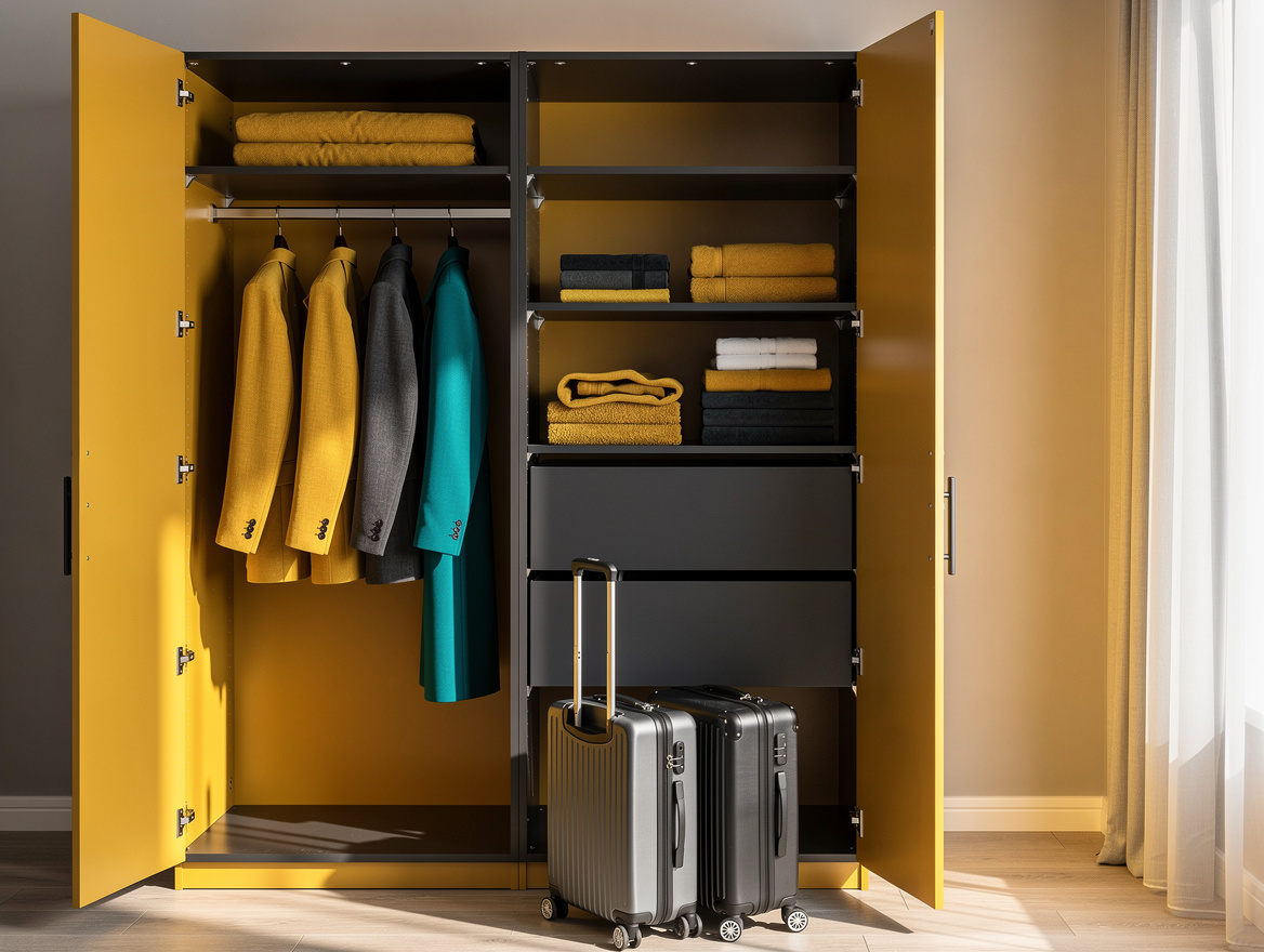 Realistic medium shot of an organized guest room reach-in closet with an IKEA-st