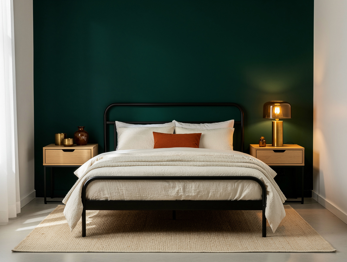 Realistic medium-shot home-decor photo of a 160 × 200 cm bedroom with a black IK
