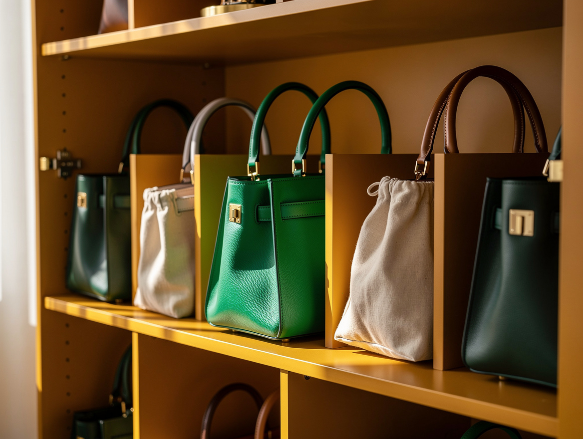 Realistic medium shot of a closet shelf with handbags standing upright in indivi