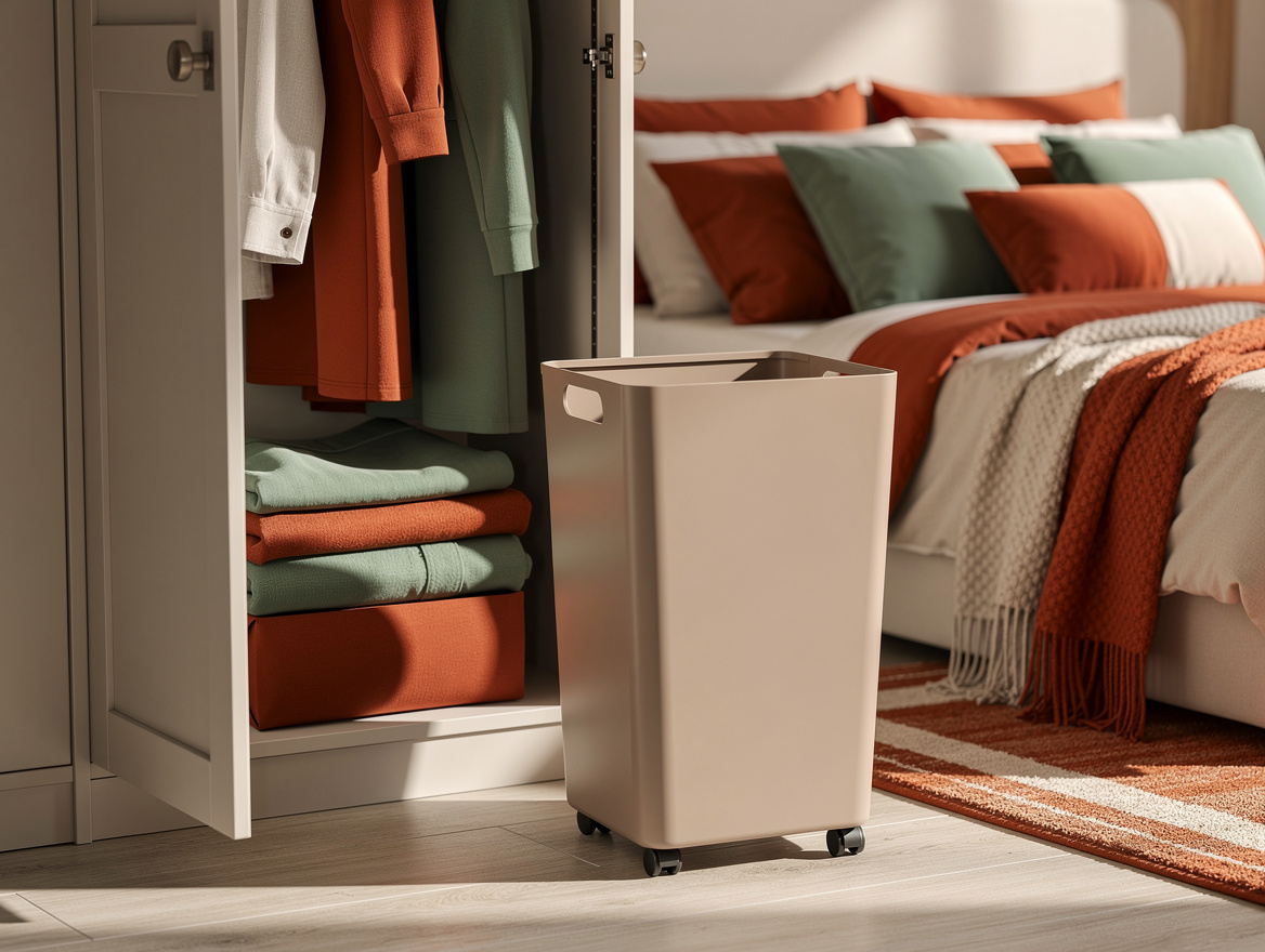 Realistic medium-shot home-decor photo of a slim rolling laundry hamper position
