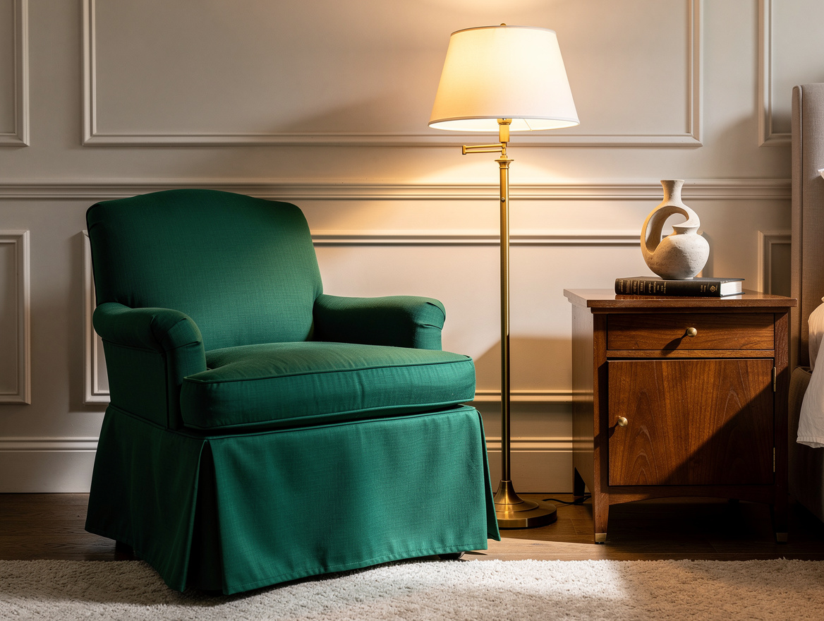 Realistic medium-shot home-decor photo of a skirted reading chair beside a class