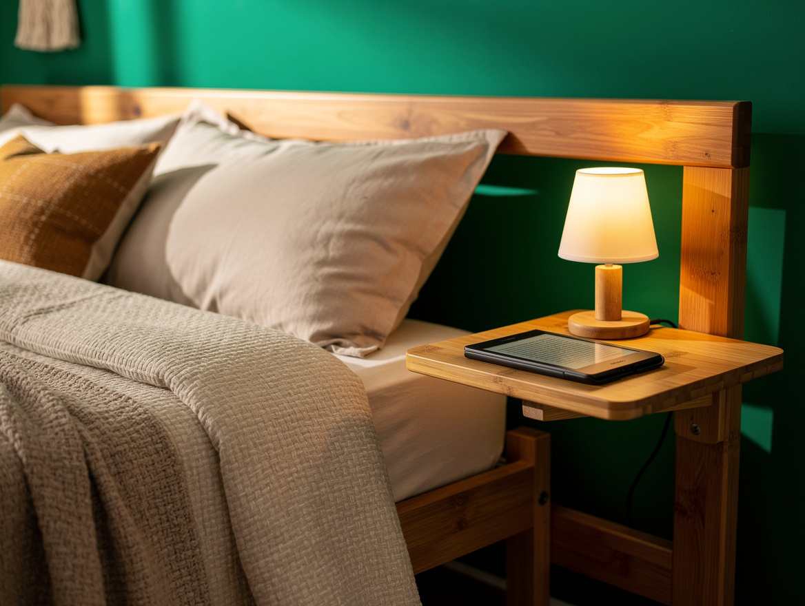 Medium shot of a renter-friendly bedroom with a bamboo clamp-on bedside shelf at